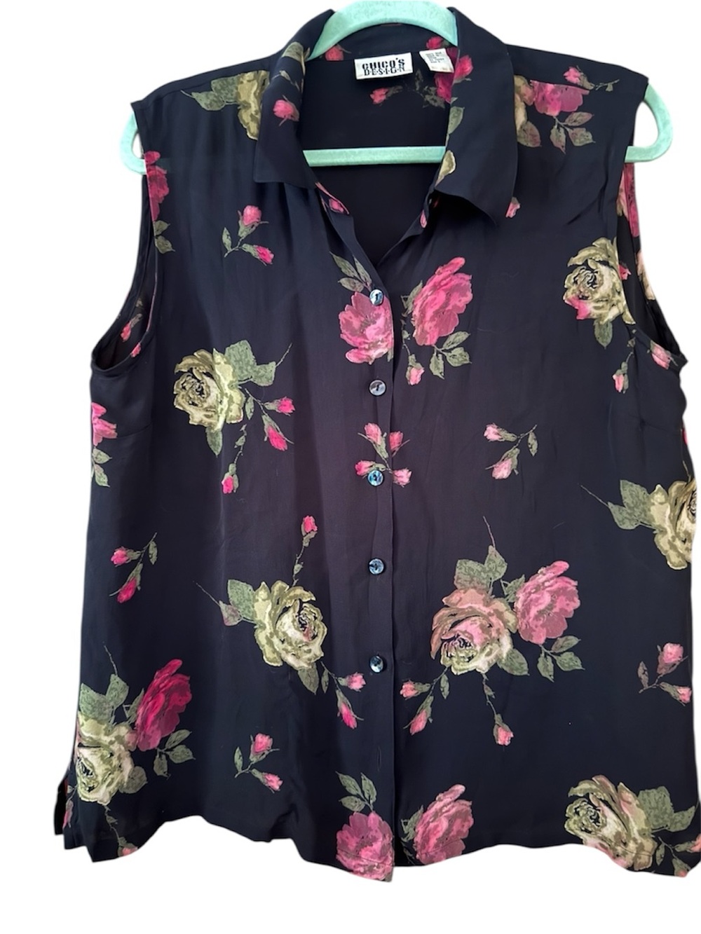 Chico’s 100% Silk Top Floral Rose Blouse Sleeveless Size 3 Y2K Whimsy Goth